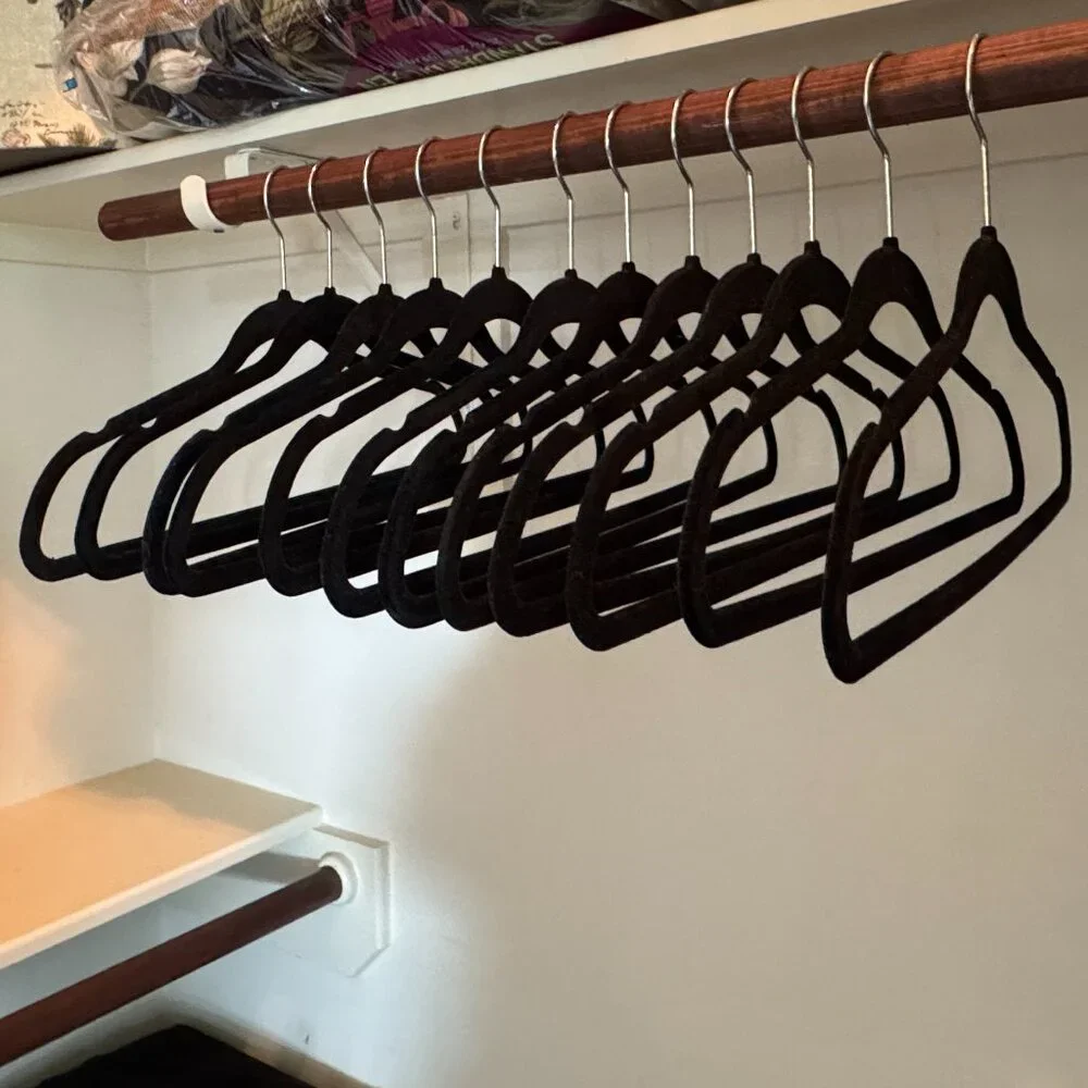 Set of 12 Velvet Non-Slip Hangers, Heavy Duty, Slim Profile - Black Silver Hook